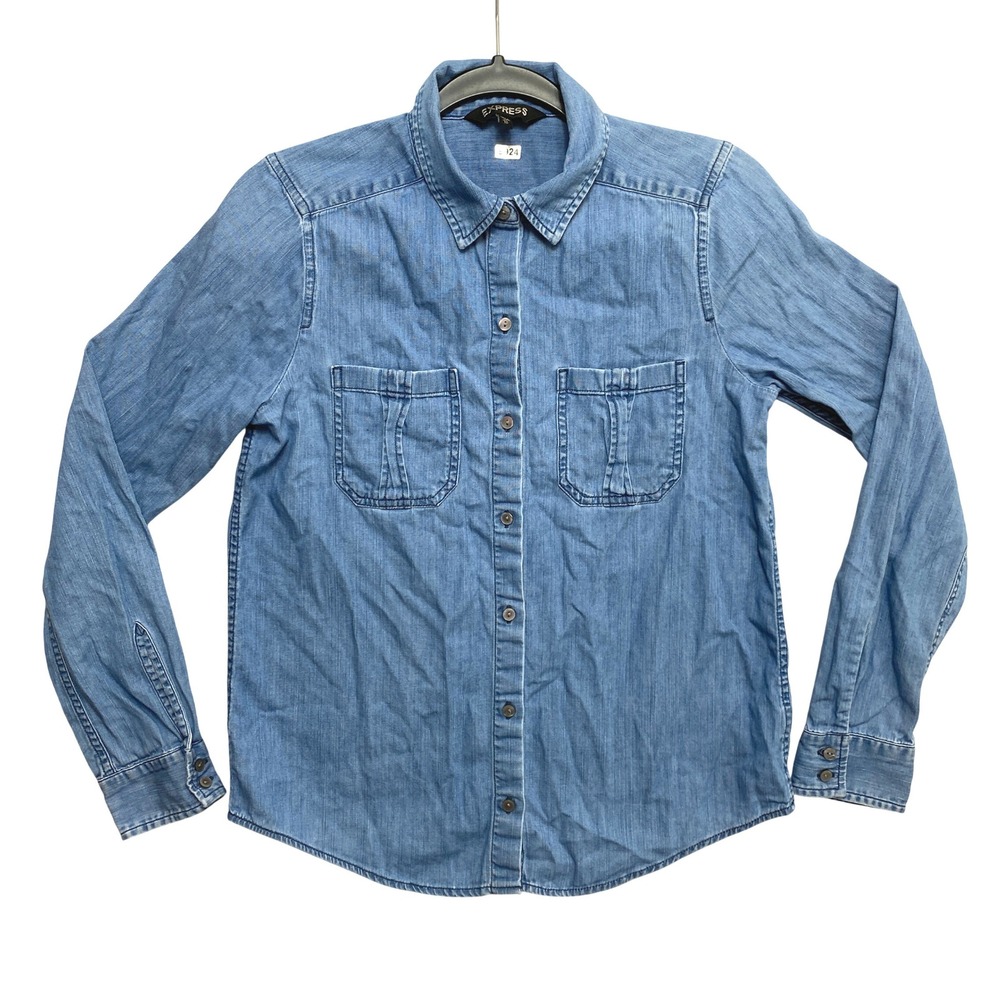 Express Chambray Womens Shirt XS Blue Long Sleeve Cotton Denim Button Down